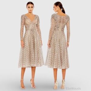 Mac Duggal Embellished Long Sleeve Wrap Over Dress, Taupe, 20399, Size 18